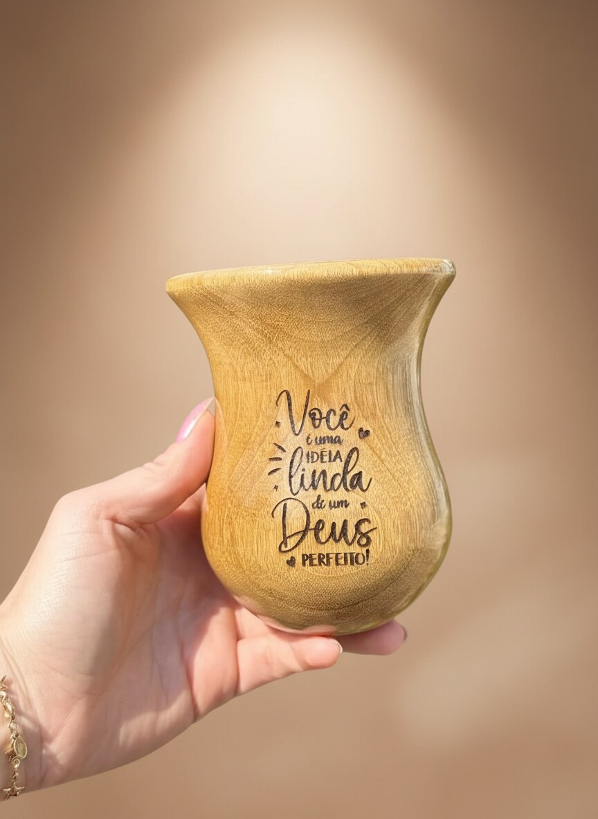 Cuia gravada 'Você é uma ideia linda de um Deus perfeito', segurada na mão